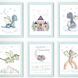 Personalisierter Baby Drache Kinderzimmer Print 6er Set - Geburtsanzeige - Neues Baby Jungen Geschenk - Geburtsdaten - Drache Kinderzimmer Download