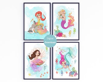 Mermaid Nursery Wall Art - Baby Girl Nursery Decor - Nursery Prints- Mermaid Theme Girl Room Decor - Mermaid Art Printable - Mermaid Nursery