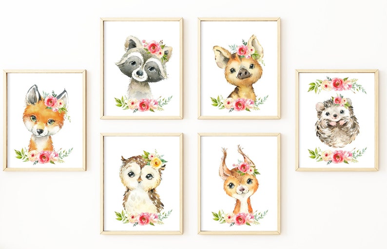 Set of 6 Flower Woodland Animals- Nursery Woodland Decor- Baby Girl ...