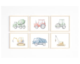 Construction Vehicle Prints Set of 6 - Boys Nursery Wall Art - Watercolor Construction Trucks - Toddler Boy Bedroom Decor - Vehicle Posters