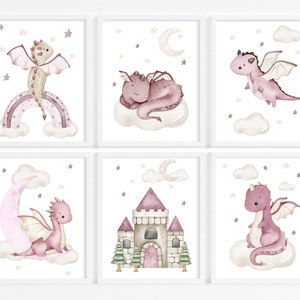 Pink Dragon Girl Nursery Prints-Girl Room Wall Decor -Watercolour Baby Dragon Nursery -Girls Fairytale Nursery Wall Art -Fantasy Digital Art