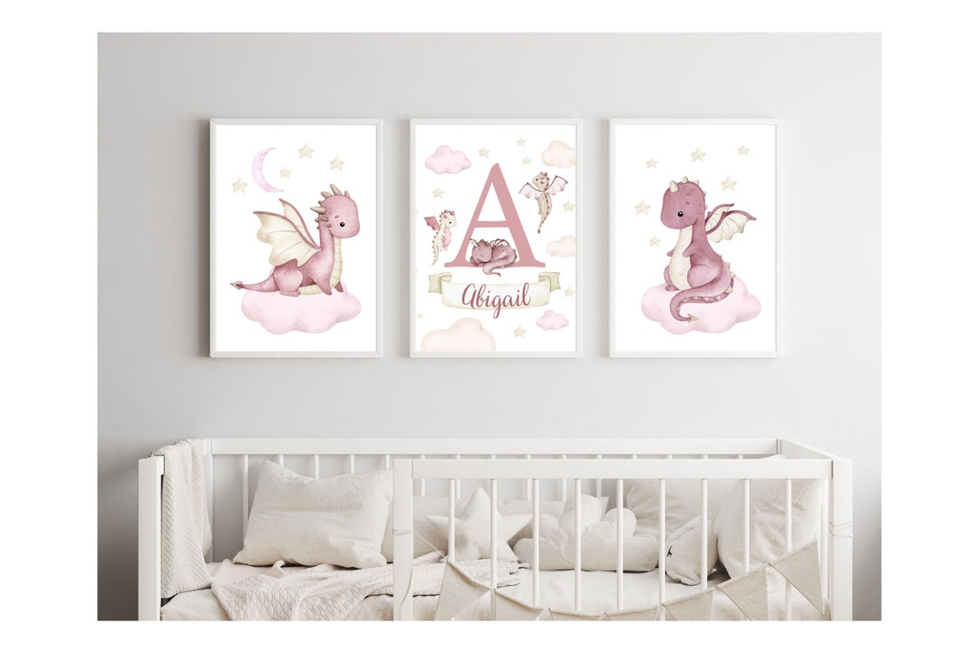 Personalized Pink Dragon Nursery Prints - Girl Room Printable Wall Art ...