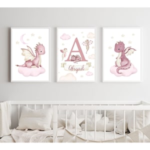 Impressions personnalisées de chambre de bébé dragon rose - art mural imprimable pour chambre de fille - nom de bébé personnalisé impression - décoration de chambre de filles - bébé dragon rose