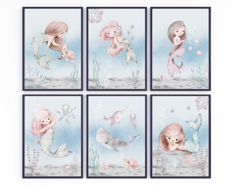 Juego de 6 láminas de sirena para habitación infantil - Decoración de pared para habitación infantil de niña - Decoración de habitación infantil con temática de sirena - Arte de pared para habitación infantil de sirena - Láminas de sirena - Arte de pared de sirena