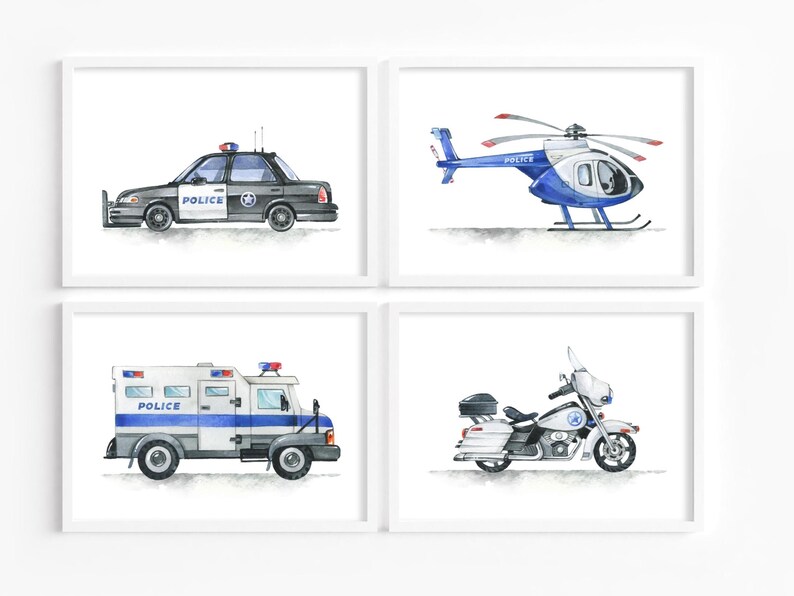 Police Poster Set of 4 - Police Car Wall Gallery -toddler Nursery ...