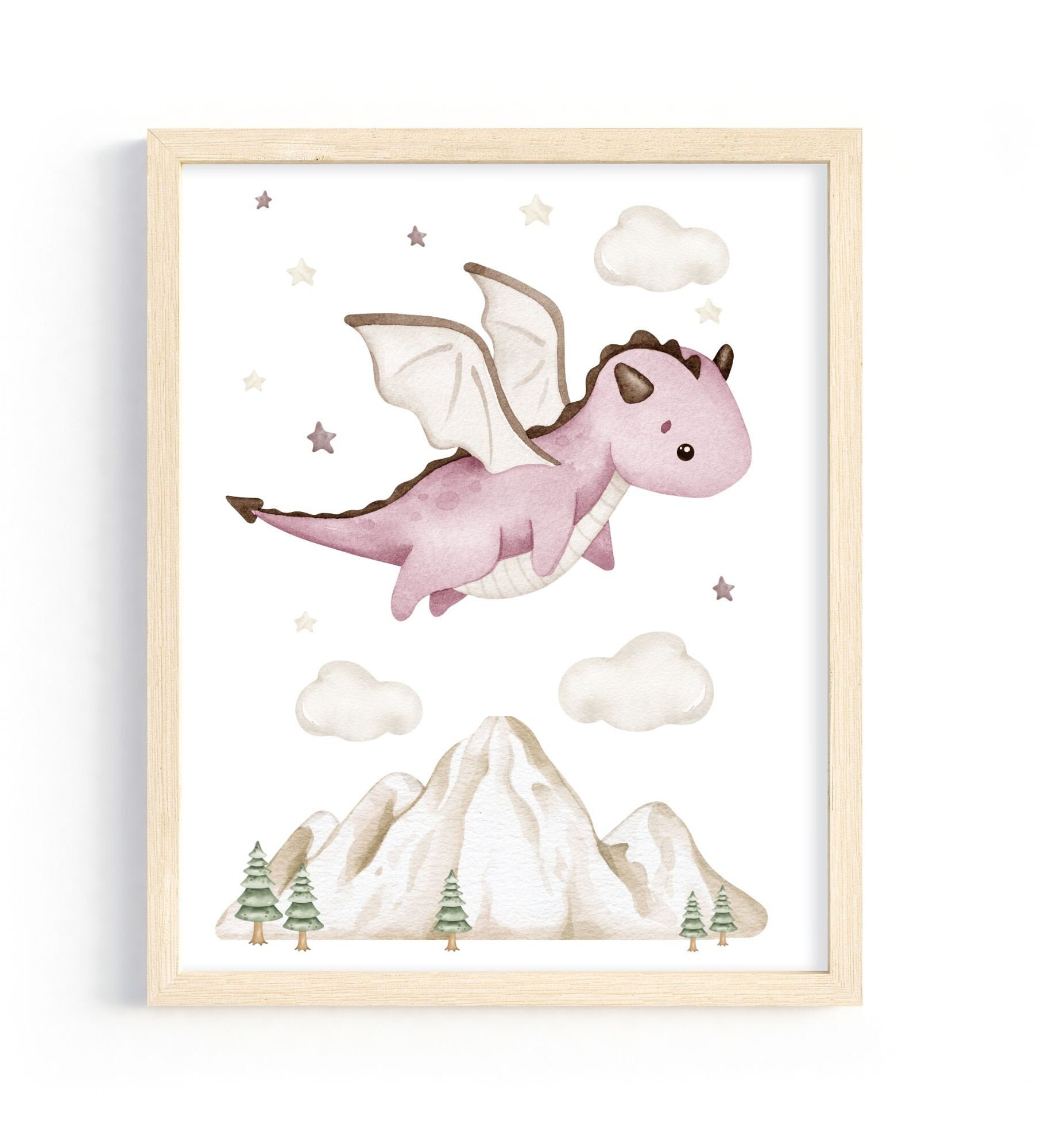 Girls Pink Dragon Nursery Watercolour Baby Dragon Wall Art toddler Girl ...