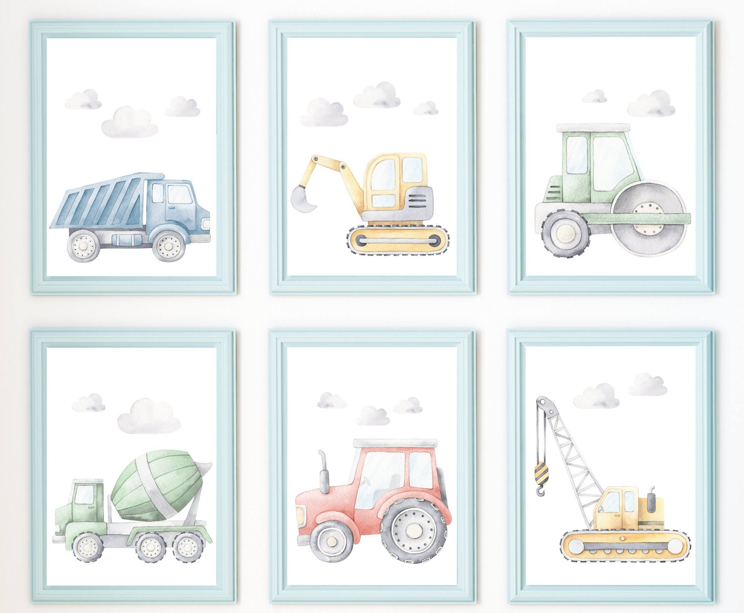 Set of 6 Watercolor Construction Trucks-Construction Nursery Decor-Baby Boy Nursery Art- Playroom Truck Vehicles Posters-Construction Trucks