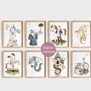 Ritter Kinderzimmer Poster - Mittelalterliche Ritter Abenteuer Wand Kunst - Junge Fantasy Kinderzimmer - Märchen Kinderzimmer Poster
