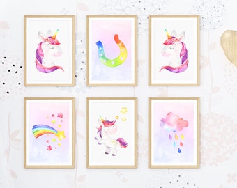 Unicorn Wall Art Set of 6 - Girl Nursery Decor - Unicorn Prints - Girls Bedroom Wall Art - Unicorn Nursery Print - Girls Wall Decor.