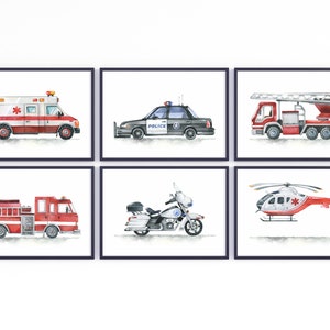 Conjunto de impressão de veículos de emergência com 6 - Arte de parede de berçário de meninos - Decoração de berçário de caminhão de bombeiros - Cartazes de carros de polícia - Arte de parede de ambulância - Decoração de quarto de meninos.