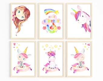 Unicorn Wall Art - Girls Bedroom Prints - Nursery Decor -Printable Unicorn Art - Set of 6 Unicorn Wall Art -"Let's be Unicorns" Girls prints