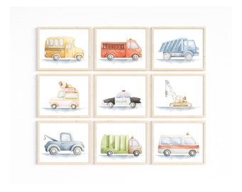 Plakat z motywem transportu - dekoracja do pokoju dziecięcego - zestaw 9 plakatów z motywem transportu miejskiego - wydruki z motywem samochodów do pokoju chłopięcego - wydrukowany plakat ścienny - pokój dziecięcy dla chłopców.