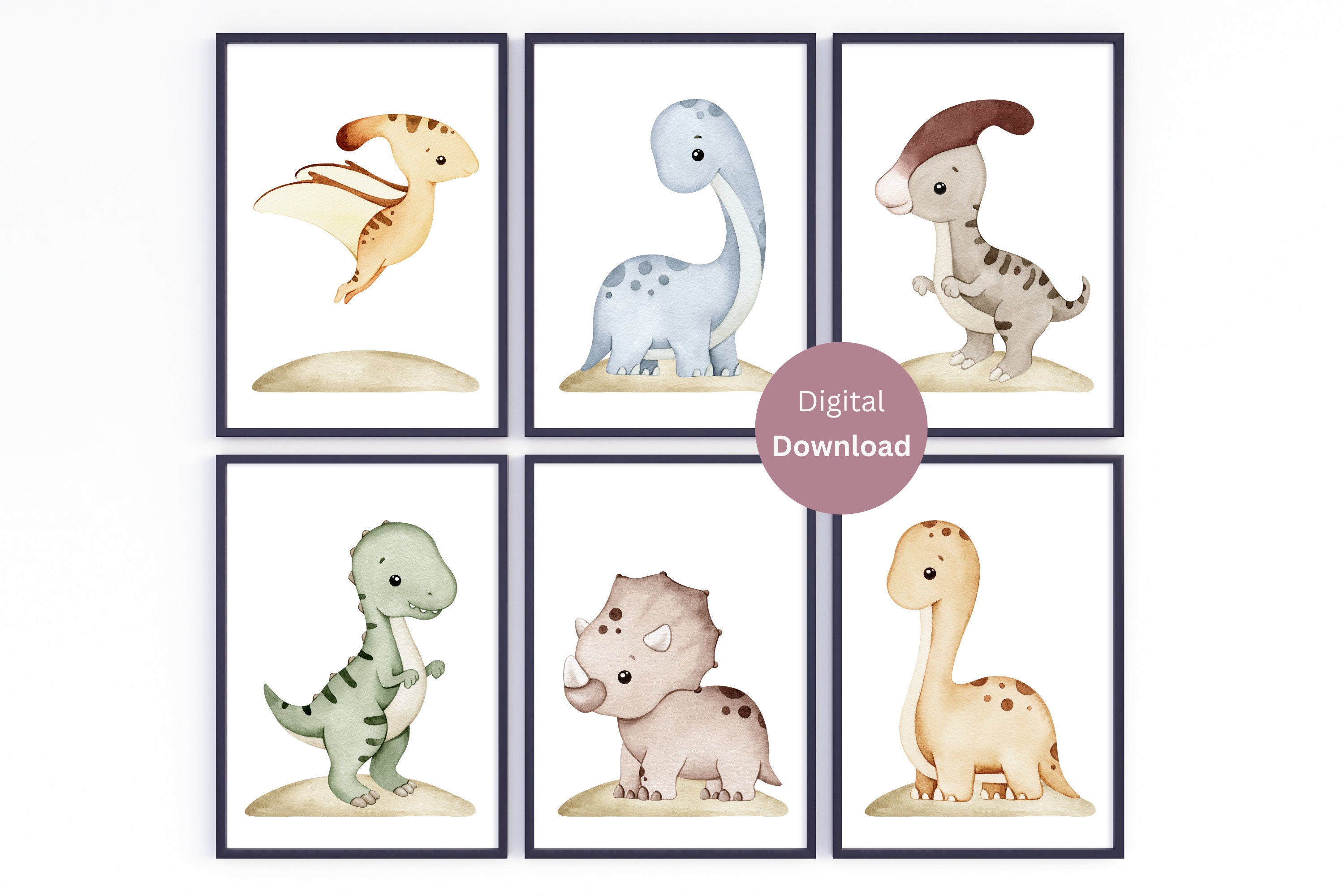 Dinosaur Nursery Print Set of 6 -Dinosaurs Poster - Boy Room Wall Art -Dinosaur Nursery Decor - Printable Dinosaurs Poster - Watercolor Dino