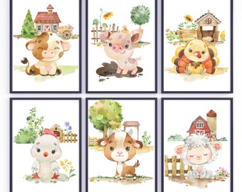 Set of 6 Farm Animal Nursery- Farm Animal Prints -Baby room Decor-Farm Nursery-Kids Playroom Decor-Watercolor Animal Posters -Gender neutral