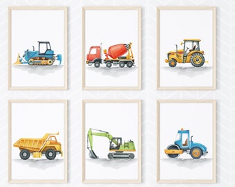 Watercolor Construction Trucks Prints- Construction Nursery Decor-Boys Room Wall Art- Playroom Truck Vehicles Posters-Baby Boy Nursery Art.