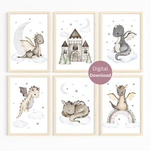 Baby Dragon Nursery Print Set of 6 - DIY Nursery Decor - Mythical creatures - Dragons and Castle Nursery Art -Fairytale Dragons Themed Decor