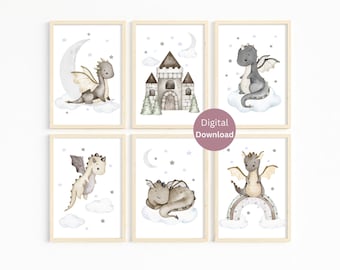 Baby Dragon Nursery Print Set of 6 - DIY Nursery Decor - Mythical creatures - Dragons and Castle Nursery Art -Fairytale Dragons Themed Decor