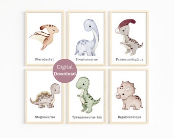 Dinosaur Nursery Print Set of 6 - Dinosaur Nursery Decor - Dino Wall Art - Printable Dinosaur Posters - Boys Room Decor - Dinosaur Nursery