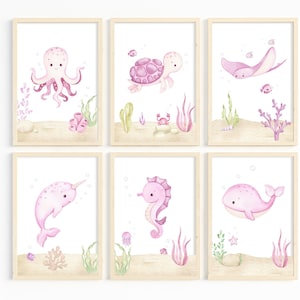 Ocean Kinderzimmer für Mädchen-Sea Themen Kinderzimmer Dekor-Unter dem Meer Kinderzimmer Dekor-Set von 6 Sea Life Poster-Ocean Tier druckbare Wandkunst.