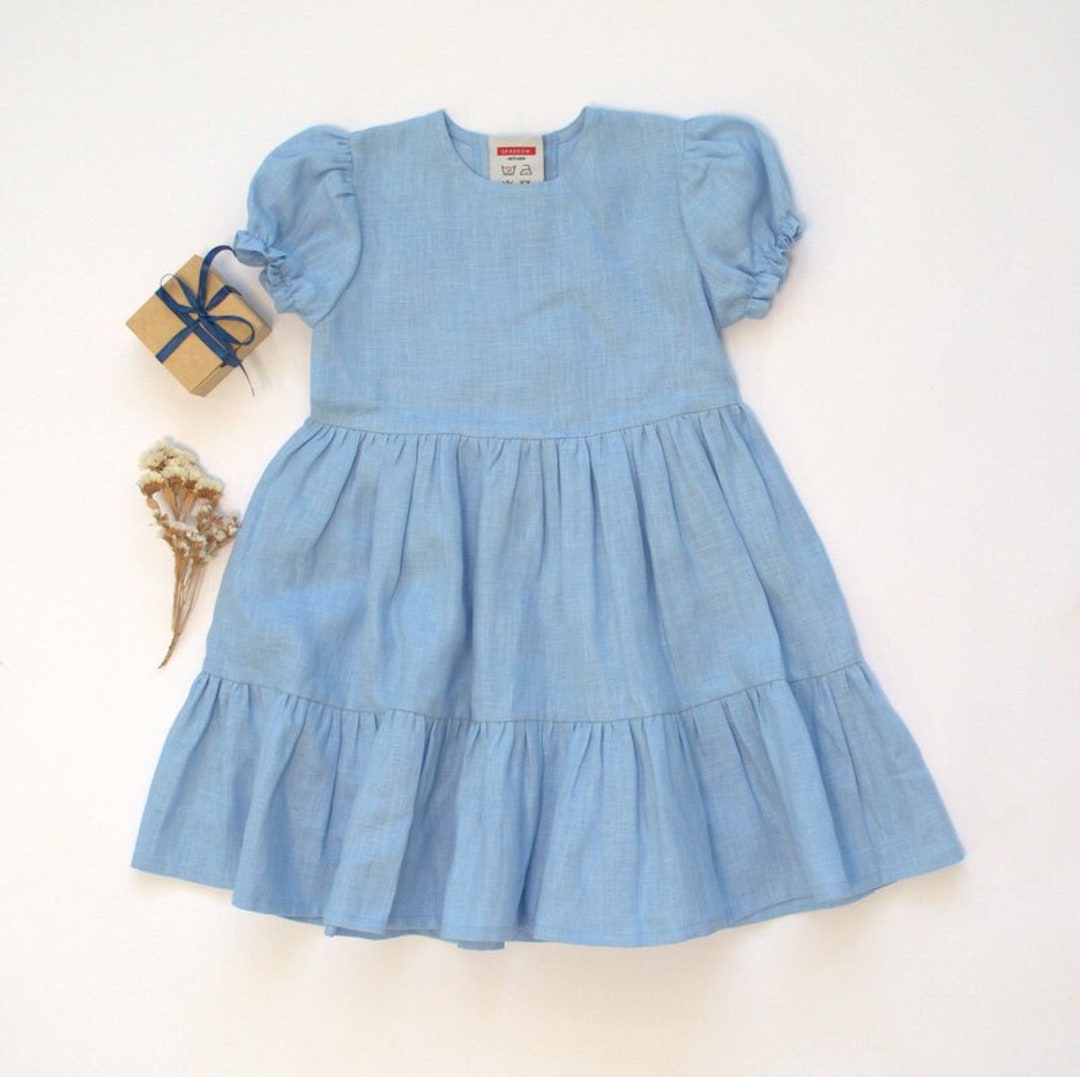 Blue Linen Baby Girl Dress Natural Linen Flutter Dress Linen Vintage