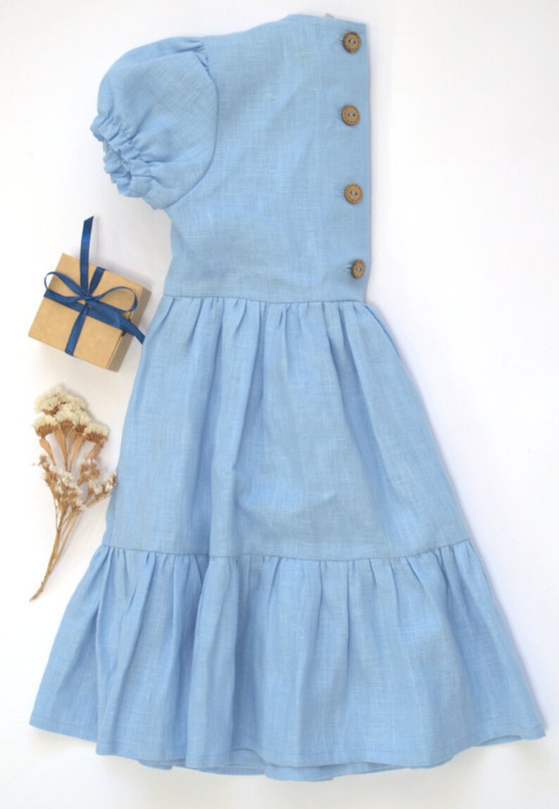 Blue Linen Baby Girl Dress Natural Linen Flutter Dress Linen Vintage