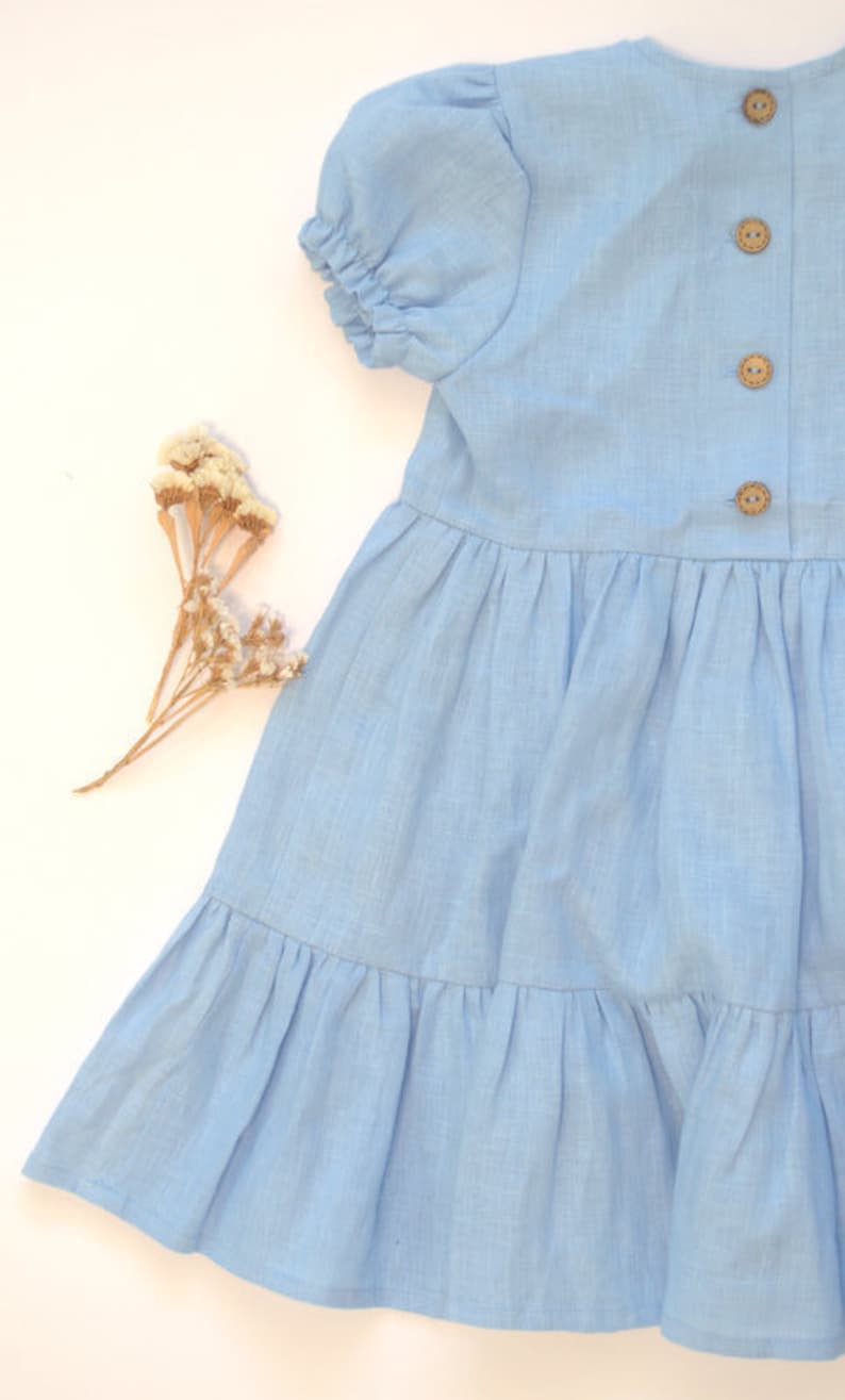 Blue Linen Baby Girl Dress Natural Linen Flutter Dress Linen Vintage