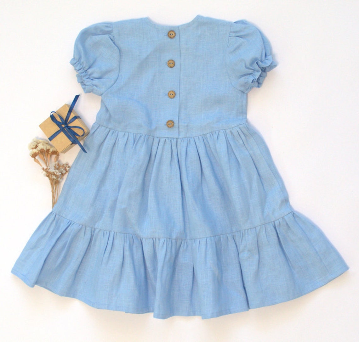 Blue Linen Baby Girl Dress Natural Linen Flutter Dress Linen Vintage