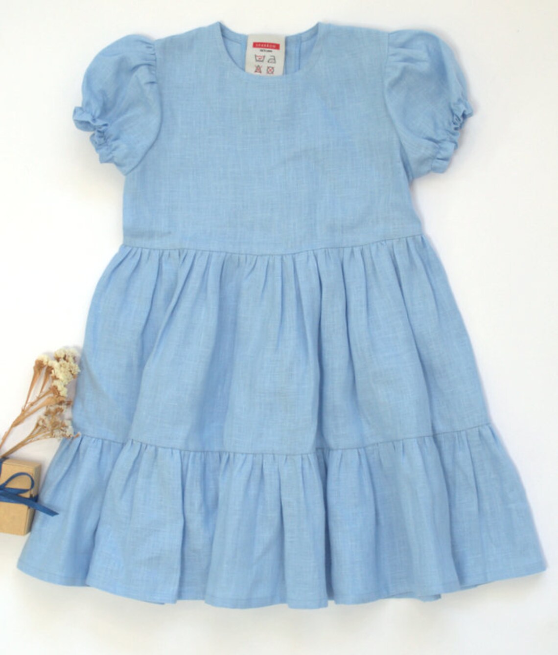 Blue Linen Baby Girl Dress Natural Linen Flutter Dress Linen Vintage