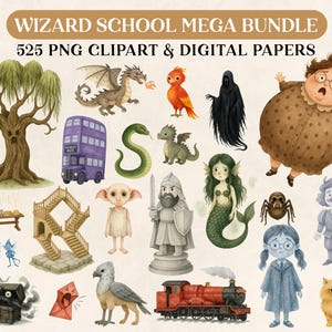 K&ouml;nnte beinhalten: Ein digitales Kunstpaket mit dem Titel "Wizard School Mega Bundle" mit 525 PNG-Cliparts und digitalen Papieren. Das Bild zeigt verschiedene Illustrationen zum Thema Fantasy, darunter ein Drache, ein Ph&ouml;nix, eine Schlange, eine Meerjungfrau und ein roter Zug. Die Gesamtpalette ist weich und skurril.