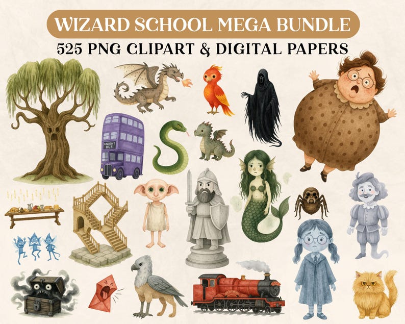 K&ouml;nnte beinhalten: Ein digitales Kunstpaket mit dem Titel "Wizard School Mega Bundle" mit 525 PNG-Cliparts und digitalen Papieren. Das Bild zeigt verschiedene Illustrationen zum Thema Fantasy, darunter ein Drache, ein Ph&ouml;nix, eine Schlange, eine Meerjungfrau und ein roter Zug. Die Gesamtpalette ist weich und skurril.
