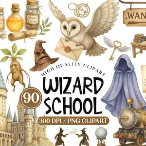K&ouml;nnte beinhalten: Aquarellillustration von Elementen der Zauberschule. Enth&auml;lt ein Schloss, eine Eule mit einem Brief, einen Hut, Zaubertr&auml;nke, einen Zug und den Text "WIZARD SCHOOL".