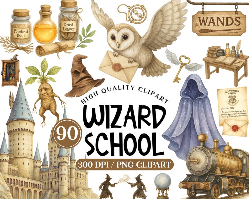 K&ouml;nnte beinhalten: Aquarellillustration von Elementen der Zauberschule. Enth&auml;lt ein Schloss, eine Eule mit einem Brief, einen Hut, Zaubertr&auml;nke, einen Zug und den Text "WIZARD SCHOOL".