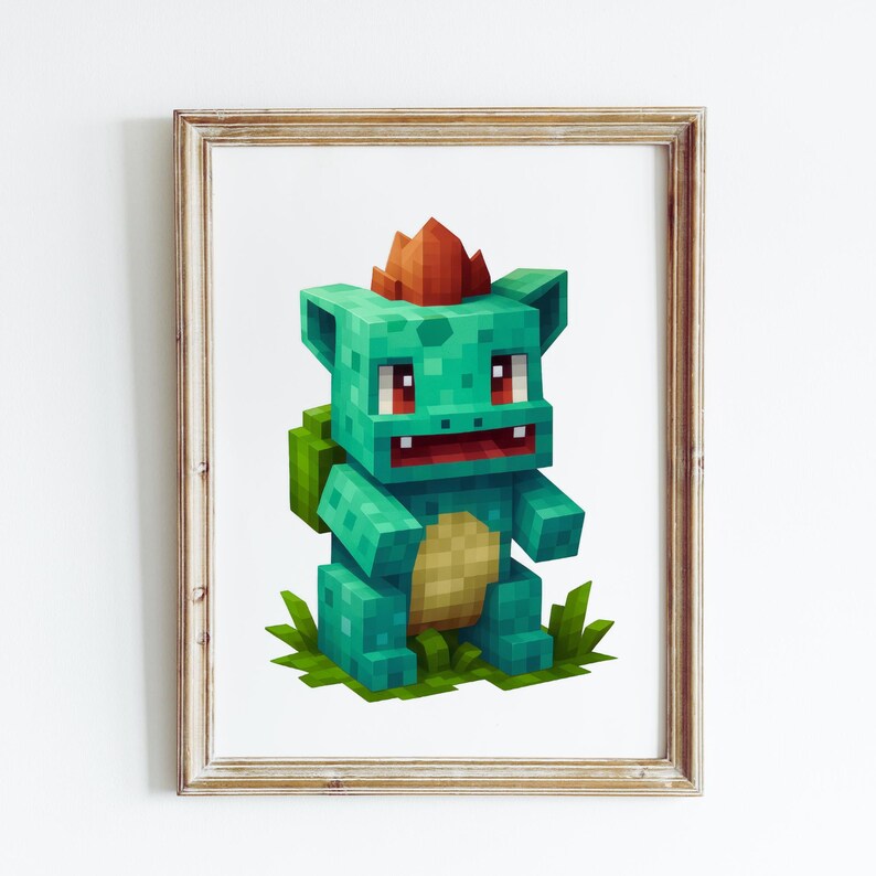 Puede incluir: Una impresi&oacute;n enmarcada con un personaje Bulbasaur pixelado en tonos verdes, rojos y beige. La obra de arte representa al Pok&eacute;mon sentado sobre hierba verde, con un caparaz&oacute;n marr&oacute;n y beige en la espalda. La impresi&oacute;n est&aacute; en un marco de madera.