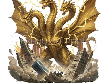 Gold King Ghidora PNG, Digital Download, Gravity Beam Kaiju T-Shirt Design, Three-Headed Monster Fan Art, DTG Sublimation Print File
