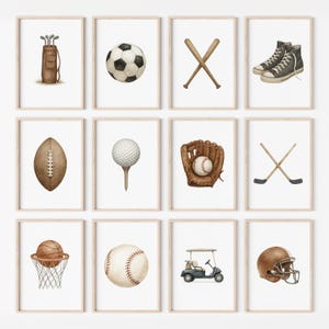 May include: A set of twelve framed watercolour prints depicting various sports equipment. The prints showcase a golf bag with clubs, a football, crossed baseball bats, high-top trainers, an American football, a golf ball on a tee, a baseball glove with a ball, crossed hockey sticks, a basketball and hoop, a baseball, a golf cart, and a football helmet.