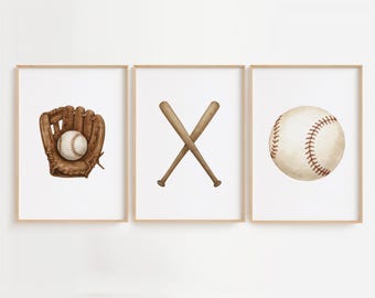 Baseball Drucke 3er Set | Vintage Baseball Wandkunst | Baseballschläger, Handschuh, Ball | Sport Dekor für Jungen Zimmer Mädchen Kinderzimmer, Mann Höhle Geschenk