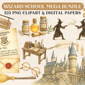 K&ouml;nnte beinhalten: Aquarell-Illustration eines Zauberschule-Mega-Bundles mit 525 PNG-Cliparts und digitalen Papieren. Enth&auml;lt einen Hogwarts-Zulassungsbrief, einen Besen, ein Schloss, Zaubertr&auml;nke und Zauberer.