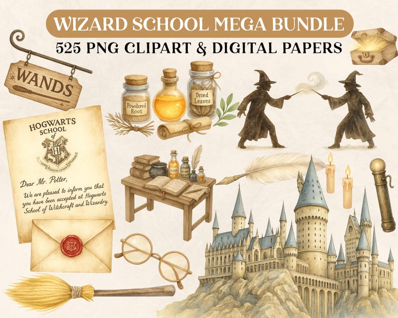 K&ouml;nnte beinhalten: Aquarell-Illustration eines Zauberschule-Mega-Bundles mit 525 PNG-Cliparts und digitalen Papieren. Enth&auml;lt einen Hogwarts-Zulassungsbrief, einen Besen, ein Schloss, Zaubertr&auml;nke und Zauberer.