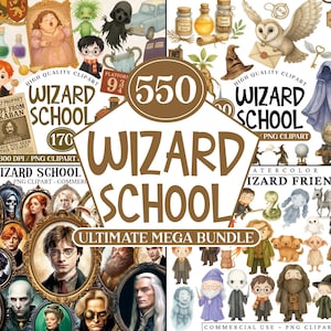 May include: A digital art bundle featuring various wizard-themed illustrations. Includes images of characters, school supplies, and text that reads "Wizard School" and "Ultimate Mega Bundle". Perfect for crafting projects.