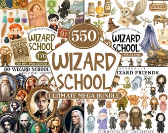 Może przedstawiać: Pakiet grafiki cyfrowej z różnymi ilustracjami o tematyce czarodziejów. Zawiera obrazy postaci, materiałów szkolnych i tekst z napisem "Wizard School" i "Ultimate Mega Bundle". Idealny do projektów rzemieślniczych.