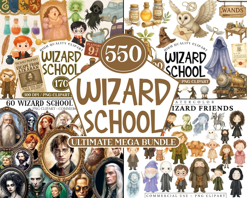 K&ouml;nnte beinhalten: Ein digitales Kunstpaket mit verschiedenen Illustrationen zum Thema Zauberer. Enth&auml;lt Bilder von Charakteren, Schulmaterialien und Texten mit der Aufschrift "Wizard School" und "Ultimate Mega Bundle". Ideal f&uuml;r Bastelprojekte.