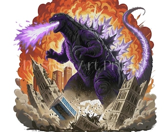 GODZILLA morado PNG, descarga digital, diseño de camiseta de Atomic Breath Kaiju, fan art de películas de monstruos, archivo de impresión por sublimación DTG