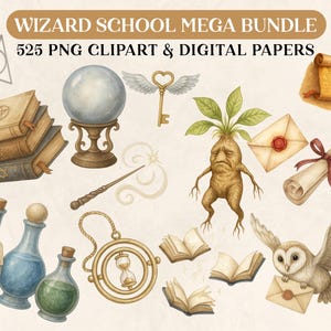 K&ouml;nnte beinhalten: Ein digitales Kunstpaket mit Elementen der Zauberschule. Enth&auml;lt eine Kristallkugel, Zauberb&uuml;cher, Zaubertr&auml;nke, einen Zauberstab, einen gefl&uuml;gelten Schl&uuml;ssel, eine Alraune, Schriftrollen, eine Eule mit einem Brief und eine Sanduhr. Der Text lautet "WIZARD SCHOOL MEGA BUNDLE 525 PNG CLIPART & DIGITAL PAPERS."