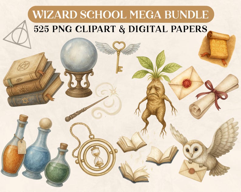K&ouml;nnte beinhalten: Ein digitales Kunstpaket mit Elementen der Zauberschule. Enth&auml;lt eine Kristallkugel, Zauberb&uuml;cher, Zaubertr&auml;nke, einen Zauberstab, einen gefl&uuml;gelten Schl&uuml;ssel, eine Alraune, Schriftrollen, eine Eule mit einem Brief und eine Sanduhr. Der Text lautet "WIZARD SCHOOL MEGA BUNDLE 525 PNG CLIPART & DIGITAL PAPERS."