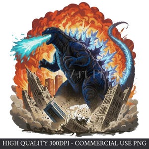 May include: A digital illustration of a blue Godzilla-like monster destroying a city. The monster is breathing a blue beam of energy. Buildings are crumbling, and an orange explosion fills the background. Text at the bottom reads: HIGH QUALITY 300DPI - COMMERCIAL USE PNG.