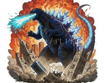 GODZILLA azul PNG, descarga digital, diseño de camiseta de Kaiju de Atomic Breath, arte de fan de películas de monstruos, archivo de impresión por sublimación DTG