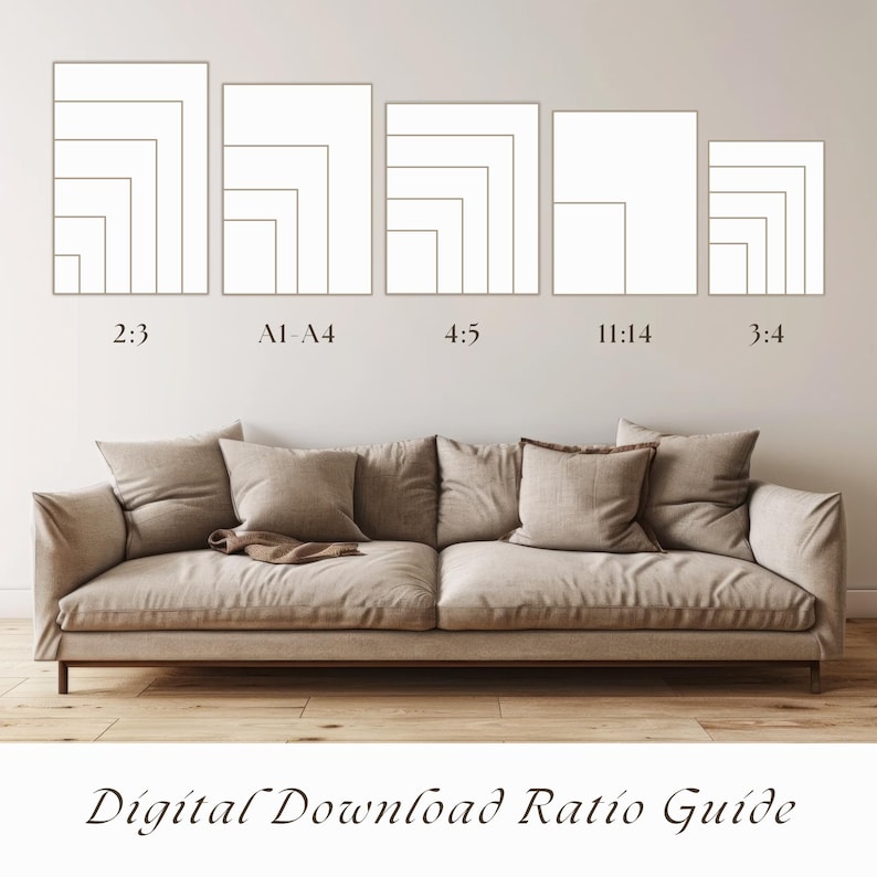Puede incluir: Un sof&aacute; beige con varias almohadas est&aacute; debajo de una pared que muestra una gu&iacute;a de proporci&oacute;n de descarga digital. La gu&iacute;a muestra cinco formas rectangulares y cuadradas diferentes con las proporciones 2:3, A1-A4, 4:5, 11:14 y 3:4. El texto "Digital Download Ratio Guide" est&aacute; en la parte inferior.