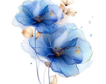 10 Clipart di fiori astratti / Stampa di fiori blu astratti / Arte di fiori ad acquerello blu e oro / JPG di alta qualità / Artigianato di carta / Diario spazzatura
