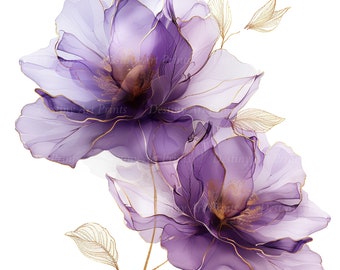 10 imágenes prediseñadas de flores abstractas / Impresión abstracta de flores lilas / Arte floral en acuarela lila dorada / JPG de alta calidad / Manualidades de papel / Diario basura