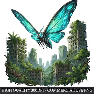 May include: An illustration of a large, teal-winged moth flying over a post-apocalyptic cityscape. Buildings are overgrown with vegetation. The moth has a detailed, insect-like body and glowing eyes. The image is labeled "HIGH QUALITY 300DPI - COMMERCIAL USE PNG."